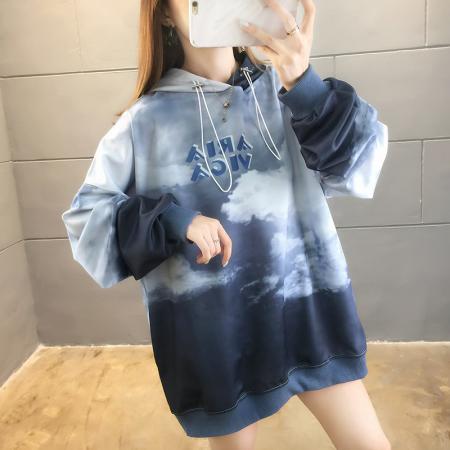FA52913# 春季潮流设计感印花连帽薄款长袖卫衣女 服裝批發女裝批發服飾貨源