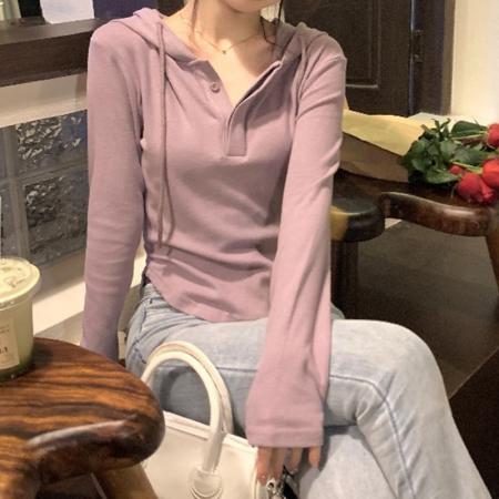 FA52916# 莫代尔长袖连帽套头长袖t恤女慵懒设计感打底衫 服裝批發女裝批發服飾貨源