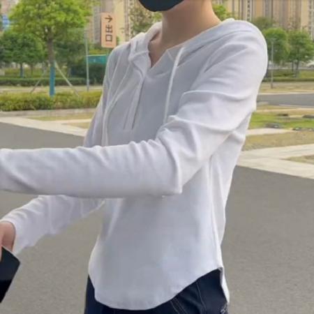 FA52916# 莫代尔长袖连帽套头长袖t恤女慵懒设计感打底衫 服裝批發女裝批發服飾貨源