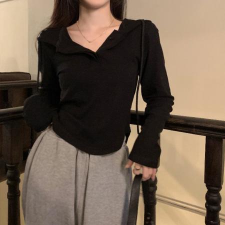 FA52916# 莫代尔长袖连帽套头长袖t恤女慵懒设计感打底衫 服裝批發女裝批發服飾貨源