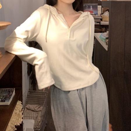 FA52916# 莫代尔长袖连帽套头长袖t恤女慵懒设计感打底衫 服裝批發女裝批發服飾貨源