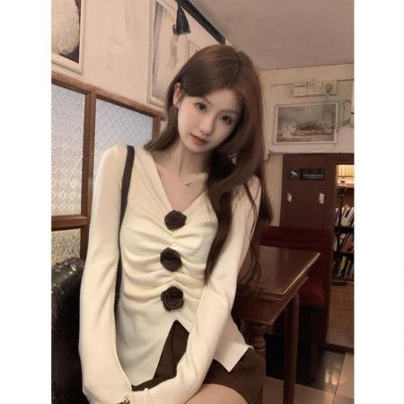 FA52917# 德容原版做工法式v领褶皱立体花朵女长袖修身打底上衣 服裝批發女裝批發服飾貨源