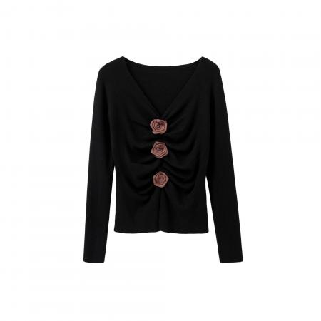 FA52917# 德容原版做工法式v领褶皱立体花朵女长袖修身打底上衣 服裝批發女裝批發服飾貨源