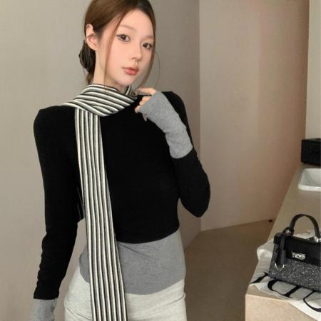 FA52918# 莫代尔带围脖假两件撞色长袖打底衫修身显瘦辣妹上衣 服裝批發女裝批發服飾貨源