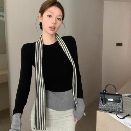 FA52918# 莫代尔带围脖假两件撞色长袖打底衫修身显瘦辣妹上衣 服裝批發女裝批發服飾貨源