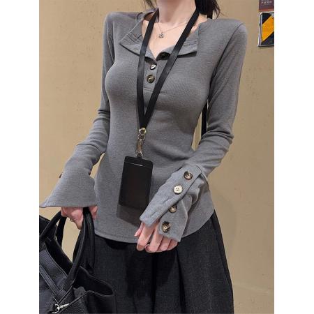 FA52922# 罗纹德绒美式纽扣长袖t恤女纯欲风打底衫上衣 服裝批發女裝批發服飾貨源