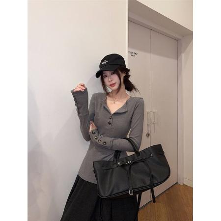 FA52922# 罗纹德绒美式纽扣长袖t恤女纯欲风打底衫上衣 服裝批發女裝批發服飾貨源