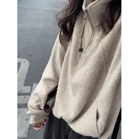 FA52923# 原版布复合真超美式复古半拉链抽绳立领卫衣女 服裝批發女裝批發服飾貨源