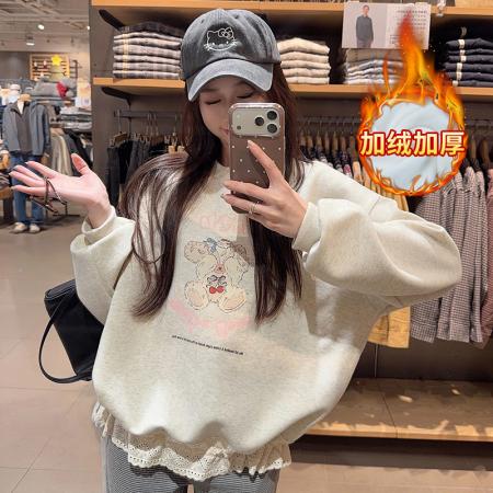 FA52924# 纯棉华棉复合真超加绒卫衣秋冬新款蕾丝花边圆领保暖上衣 服裝批發女裝批發服飾貨源