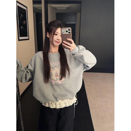 FA52924# 纯棉华棉复合真超加绒卫衣秋冬新款蕾丝花边圆领保暖上衣 服裝批發女裝批發服飾貨源