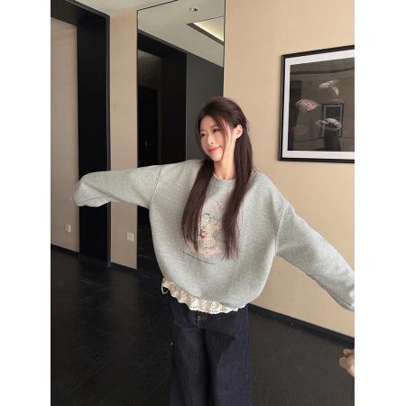 FA52924# 纯棉华棉复合真超加绒卫衣秋冬新款蕾丝花边圆领保暖上衣 服裝批發女裝批發服飾貨源