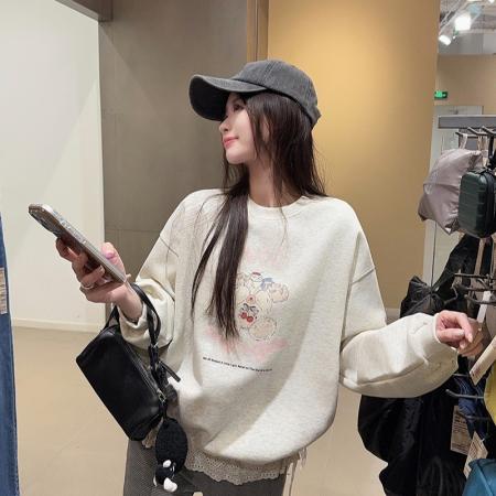 FA52924# 纯棉华棉复合真超加绒卫衣秋冬新款蕾丝花边圆领保暖上衣 服裝批發女裝批發服飾貨源