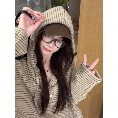 FA52925# 兔毛双面长袖t恤打底衫女装薄美式条纹春秋连帽上衣 服裝批發女裝批發服飾貨源