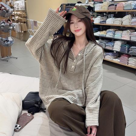 FA52925# 兔毛双面长袖t恤打底衫女装薄美式条纹春秋连帽上衣 服裝批發女裝批發服飾貨源