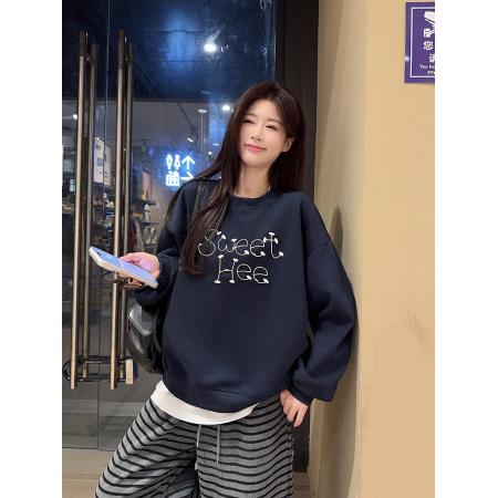 FA52926# 纯棉华棉复合真超加绒卫衣秋冬新款潮刺绣花宽松圆领保暖上衣 服裝批發女裝批發服飾貨源