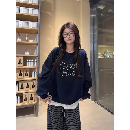 FA52926# 纯棉华棉复合真超加绒卫衣秋冬新款潮刺绣花宽松圆领保暖上衣 服裝批發女裝批發服飾貨源