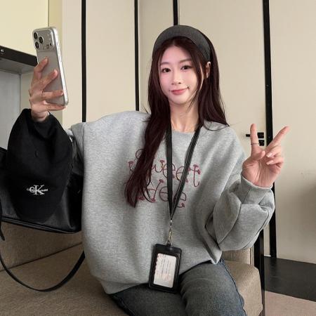 FA52926# 纯棉华棉复合真超加绒卫衣秋冬新款潮刺绣花宽松圆领保暖上衣 服裝批發女裝批發服飾貨源