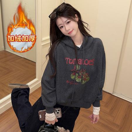 FA52927# 加绒卫衣女秋冬季新款短款潮设计感宽松卡通印花连帽保暖上衣 服裝批發女裝批發服飾貨源