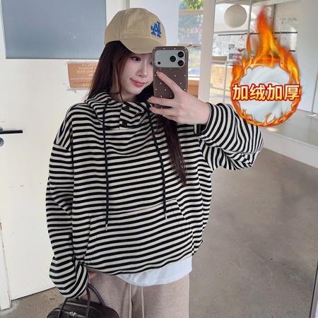 FA52929# 条纹复合真超加绒卫衣女秋冬宽松条纹连帽保暖上衣 服裝批發女裝批發服飾貨源
