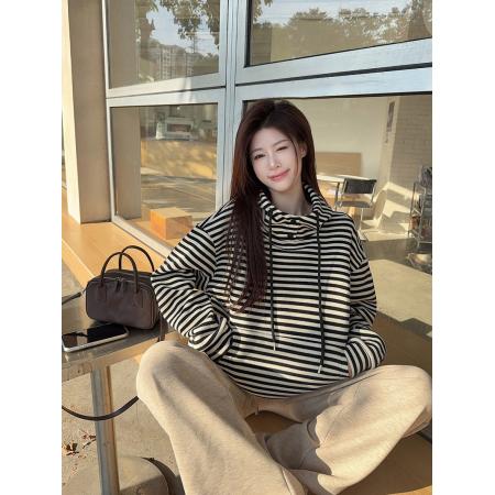 条纹复合真超加绒卫衣女秋冬宽松条纹连帽保暖上衣 服裝批發女裝批發服飾貨源