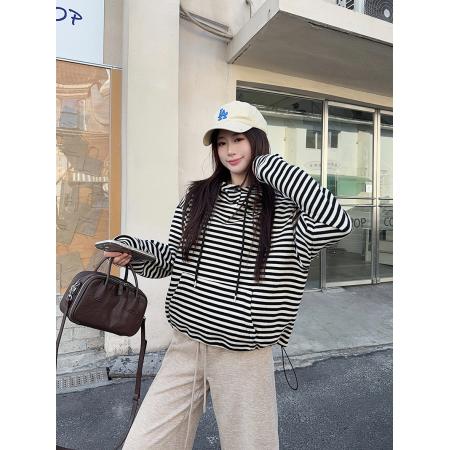 条纹复合真超加绒卫衣女秋冬宽松条纹连帽保暖上衣 服裝批發女裝批發服飾貨源