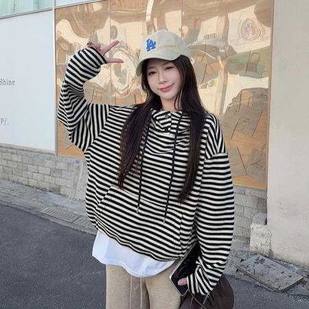 条纹复合真超加绒卫衣女秋冬宽松条纹连帽保暖上衣 服裝批發女裝批發服飾貨源