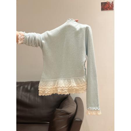 安迪绒长袖针织女秋冬新款纯色蕾丝下摆上衣立领保暖毛衣 服裝批發女裝批發服飾貨源