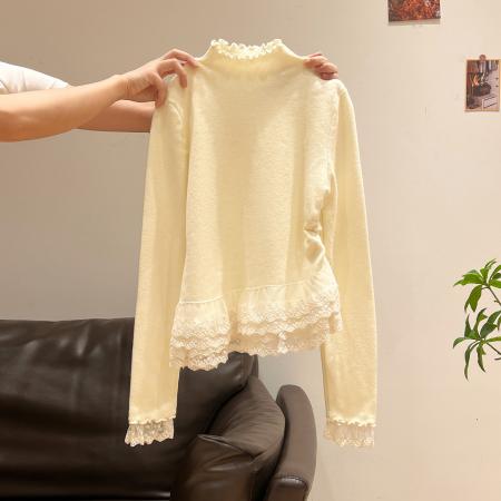 安迪绒长袖针织女秋冬新款纯色蕾丝下摆上衣立领保暖毛衣 服裝批發女裝批發服飾貨源