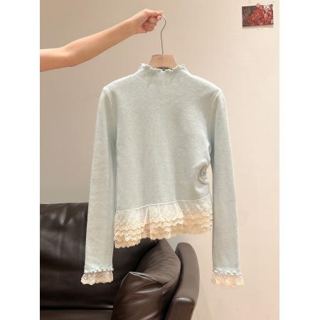 安迪绒长袖针织女秋冬新款纯色蕾丝下摆上衣立领保暖毛衣 服裝批發女裝批發服飾貨源