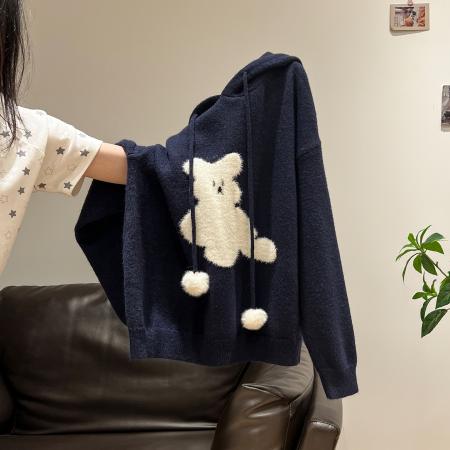 北极绒长袖上衣针织衫设计感潮女装秋冬卡通连帽保暖毛衣 服裝批發女裝批發服飾貨源