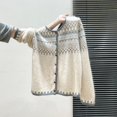 安迪绒长袖针织女秋冬新款提花开衫外套上衣圆领保暖毛衣 服裝批發女裝批發服飾貨源