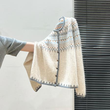 安迪绒长袖针织女秋冬新款提花开衫外套上衣圆领保暖毛衣 服裝批發女裝批發服飾貨源