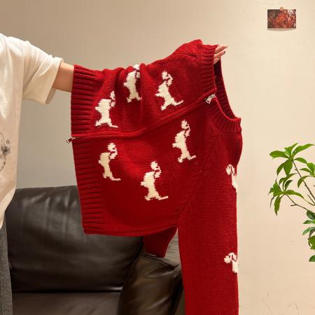 绵羊绒毛衣女装秋冬新款拉链开衫外套提花圆领保暖针织衫 服裝批發女裝批發服飾貨源