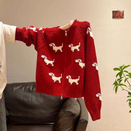 绵羊绒毛衣女装秋冬新款拉链开衫外套提花圆领保暖针织衫 服裝批發女裝批發服飾貨源