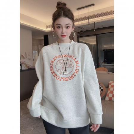 仿棉华棉复合奥粒绒卫衣秋冬新款刺绣花宽松圆领保暖上衣 服裝批發女裝批發服飾貨源