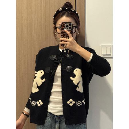 绵羊绒毛衣女装秋冬新款宽松开衫外套提花圆领保暖针织衫 服裝批發女裝批發服飾貨源