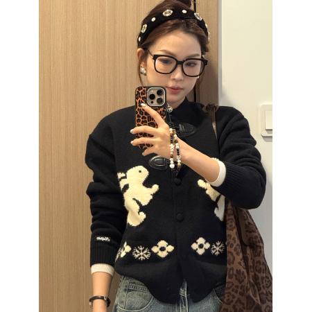 绵羊绒毛衣女装秋冬新款宽松开衫外套提花圆领保暖针织衫 服裝批發女裝批發服飾貨源