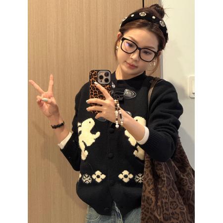 绵羊绒毛衣女装秋冬新款宽松开衫外套提花圆领保暖针织衫 服裝批發女裝批發服飾貨源