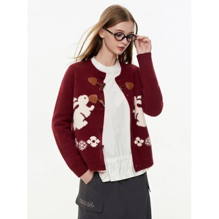 绵羊绒毛衣女装秋冬新款宽松开衫外套提花圆领保暖针织衫 服裝批發女裝批發服飾貨源