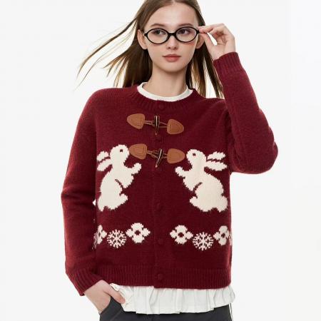 绵羊绒毛衣女装秋冬新款宽松开衫外套提花圆领保暖针织衫 服裝批發女裝批發服飾貨源