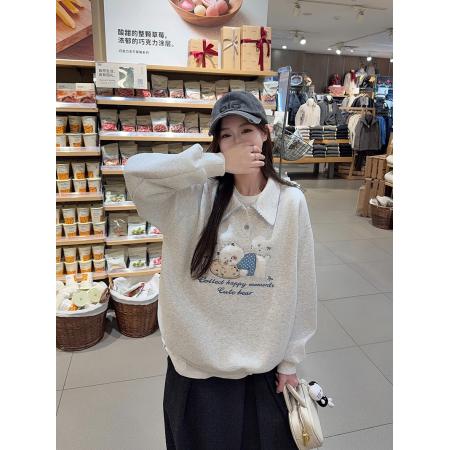 纯棉华棉复合真超加绒卫衣女宽松卡通刺绣POLO领保暖上衣 服裝批發女裝批發服飾貨源