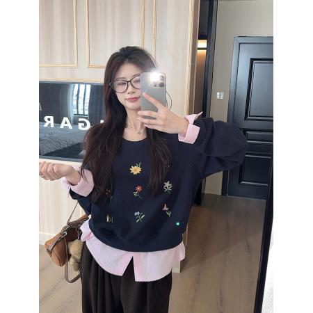 假两件卫衣女新款加绒秋冬卡通刺绣花宽松POLO领保暖上衣 服裝批發女裝批發服飾貨源