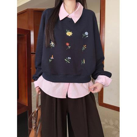 假两件卫衣女新款加绒秋冬卡通刺绣花宽松POLO领保暖上衣 服裝批發女裝批發服飾貨源