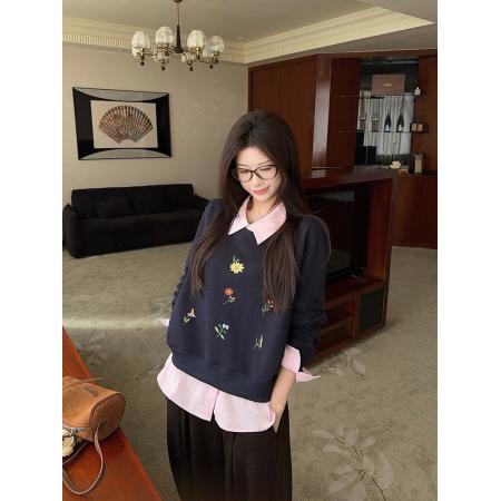 假两件卫衣女新款加绒秋冬卡通刺绣花宽松POLO领保暖上衣 服裝批發女裝批發服飾貨源