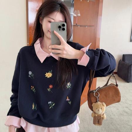 假两件卫衣女新款加绒秋冬卡通刺绣花宽松POLO领保暖上衣 服裝批發女裝批發服飾貨源