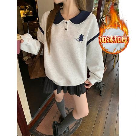 加绒卫衣秋冬新款初中生学生中长宽松刺绣娃娃领保暖上衣 服裝批發女裝批發服飾貨源