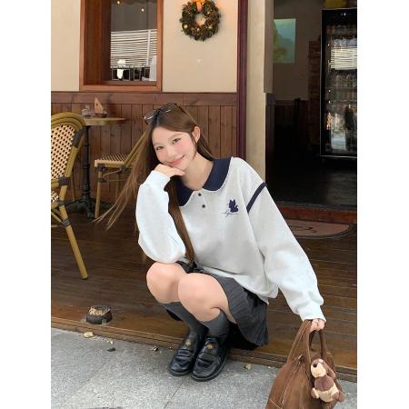 加绒卫衣秋冬新款初中生学生中长宽松刺绣娃娃领保暖上衣 服裝批發女裝批發服飾貨源