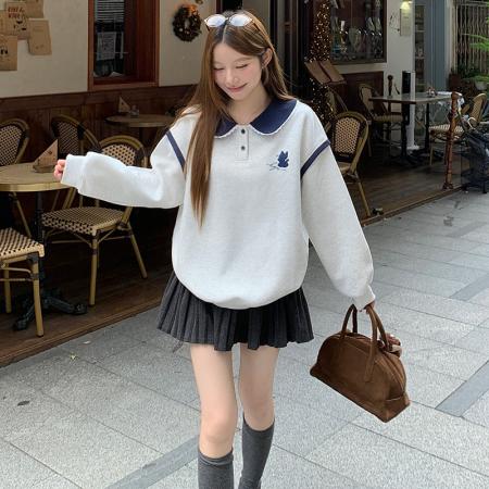 加绒卫衣秋冬新款初中生学生中长宽松刺绣娃娃领保暖上衣 服裝批發女裝批發服飾貨源