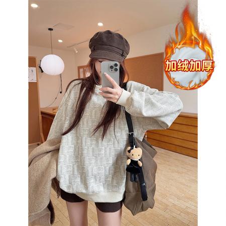 FA52942# 华夫格复合真超卫衣男女秋冬几何格子宽松圆领保暖上衣 服裝批發女裝批發服飾貨源