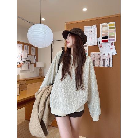 华夫格复合真超卫衣男女秋冬几何格子宽松圆领保暖上衣 服裝批發女裝批發服飾貨源